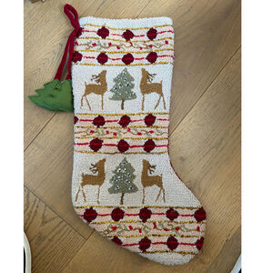 Rustic Reindeer Chistmas Stocking Glitz Hooked Wool Yarn Velvet Back